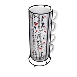 White River Cardinal on Birch Stackable Coffee Mugs Set of 4 With Rack Rustic